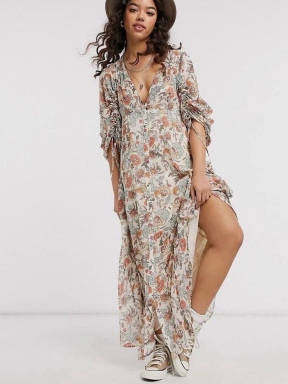 Free People Earthfolk Maxi Dress In Tea Combo Boho Floral Button Front Size S
